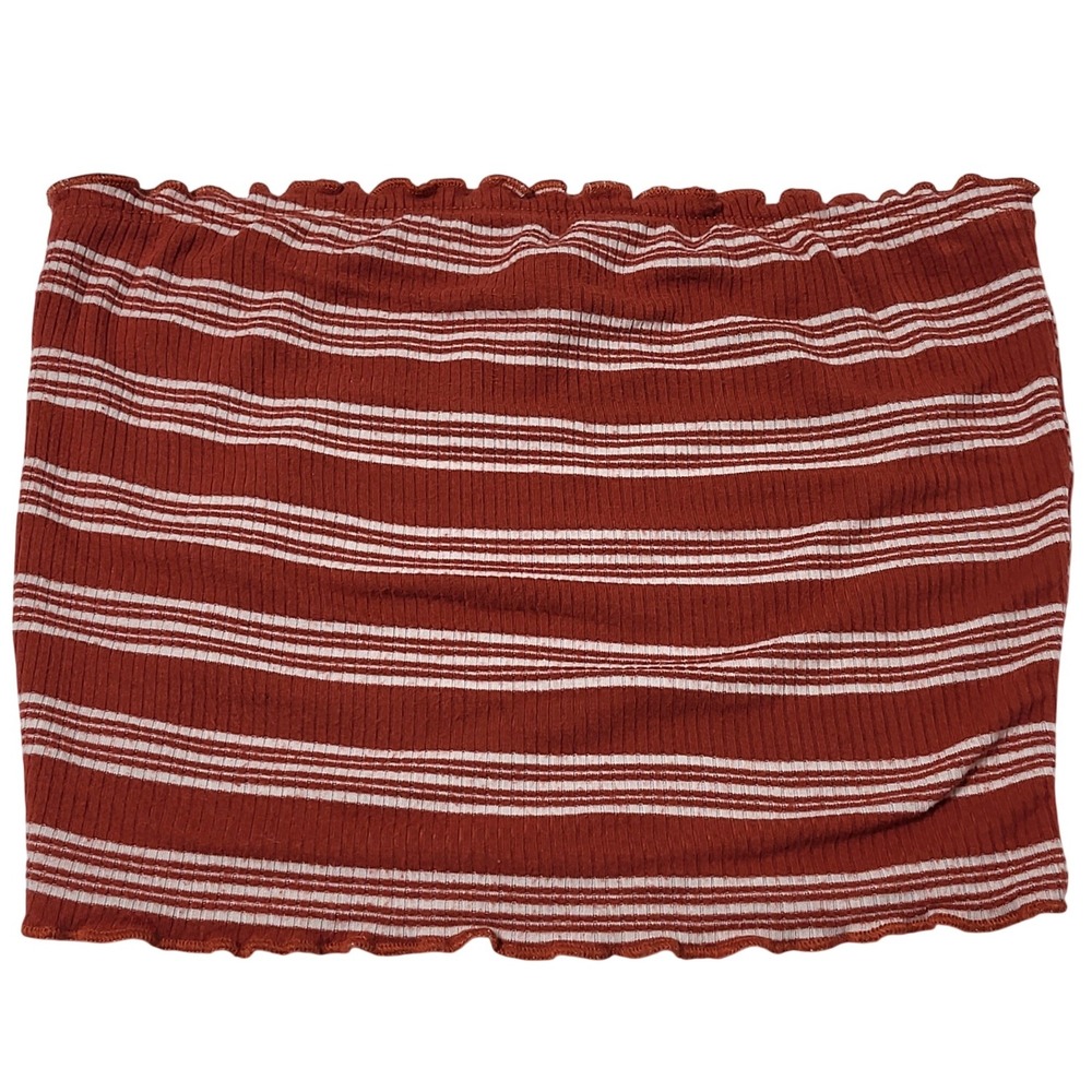 Sky and Sparrow Womens Rust Orange White Striped Ribbed Lettuce Trim Tube Top S